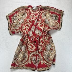CAbi Silk Red Paisley Kimono Tie Front V Neck Short Flutter Sleeve Top MediumEUC